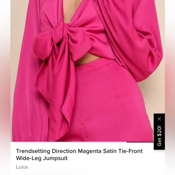 Lulu's NWT Trendsetting Direction Magenta Satin Tie Front Wide Leg Jumpsuit - Picture 3 of 11